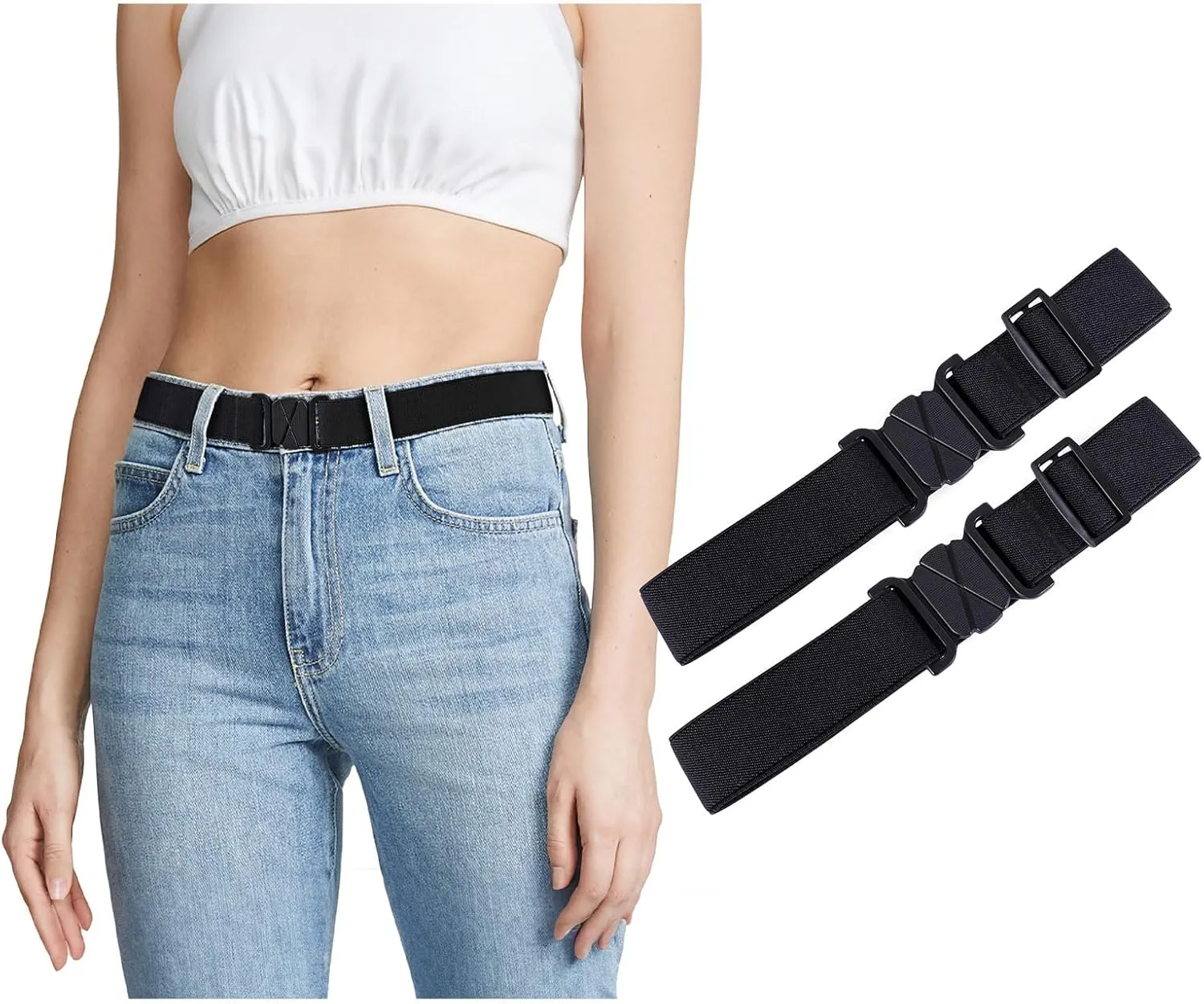 JASGOOD Women No Show Stretch Belt Flat Buckle Elastic Web Belt for Jeans Pants Dresses