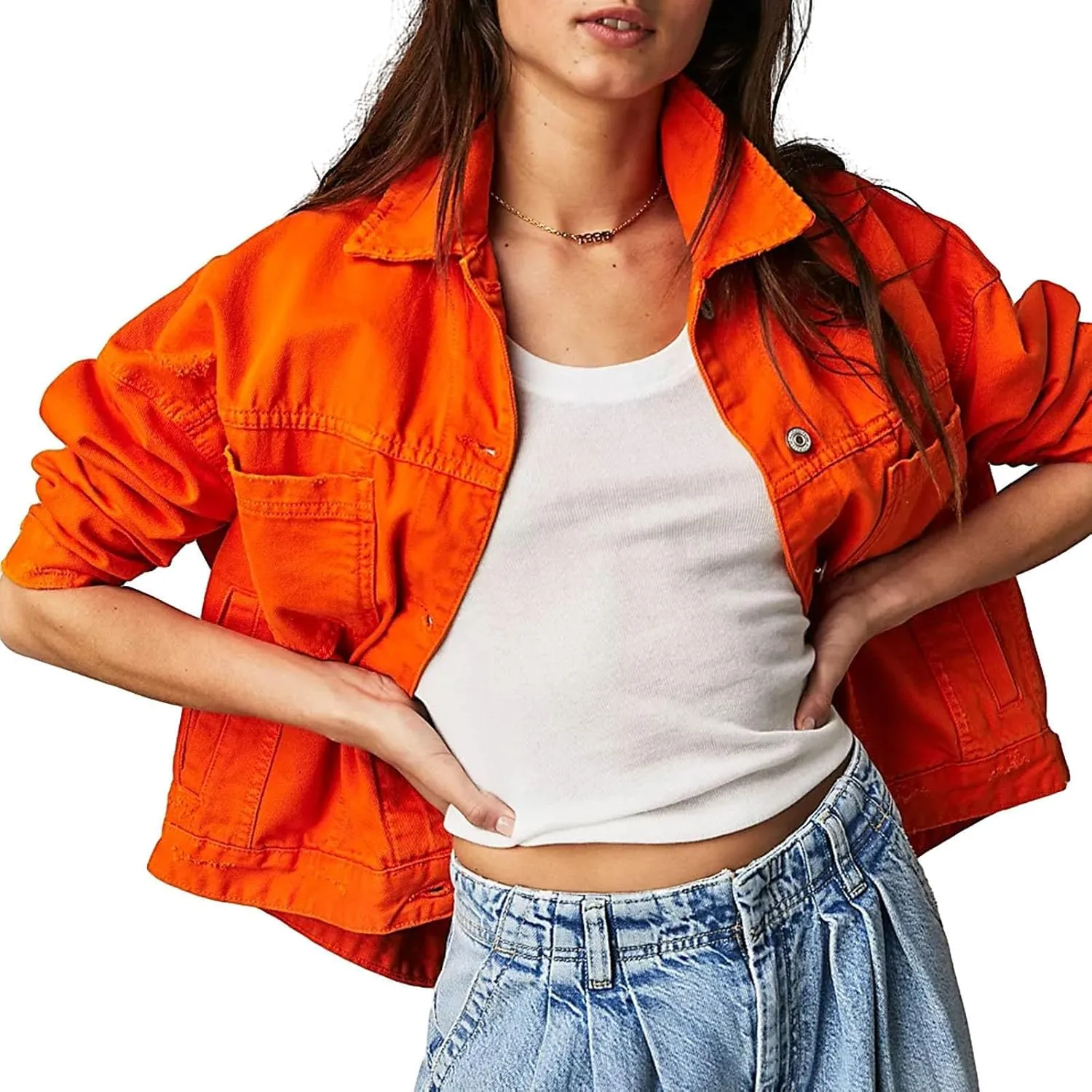 Jeans Jackets for Women Solid Long Sleeve Oversized Button Down Trendy Casual Comfort Denim Jackets Fall Coat Tops