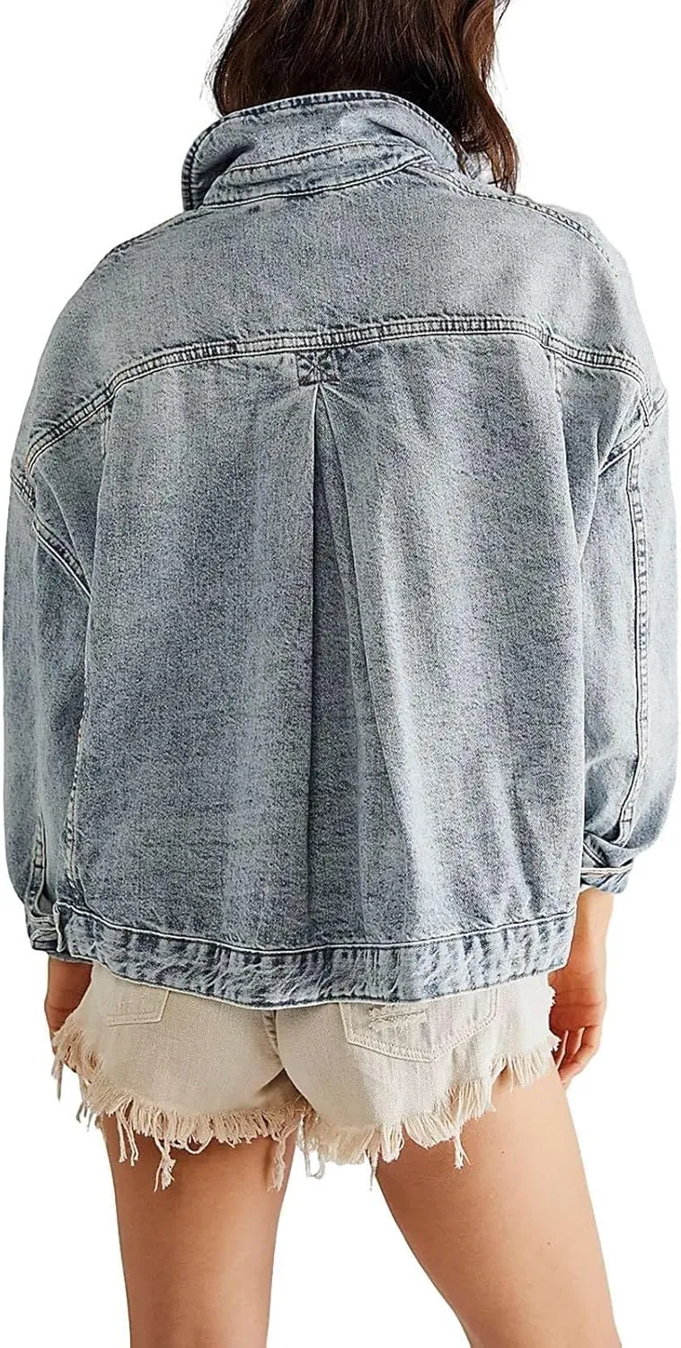 Jeans Jackets for Women Solid Long Sleeve Oversized Button Down Trendy Casual Comfort Denim Jackets Fall Coat Tops