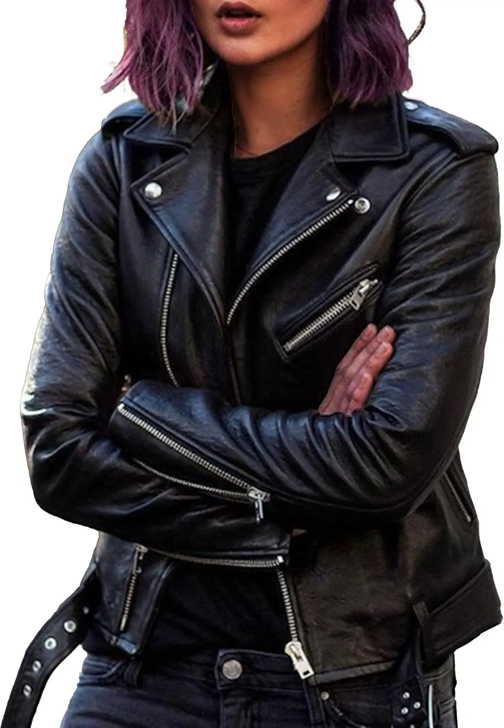 JEKE-DG Women's Casual Blazer Collar Fashion Coat Vintage Biker Spring Fall Coat Jacket Faux Leather Zip Up Coats