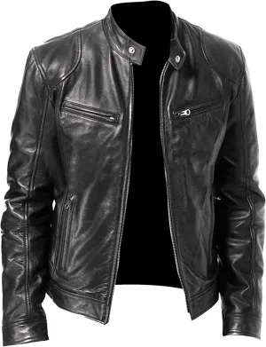 JEsilunmaMY Men's Fall Winter Leather Jacket Full Zip Stand Collar Motorcycle Bomber Jacket Plus Size Slim Business Bike Coat