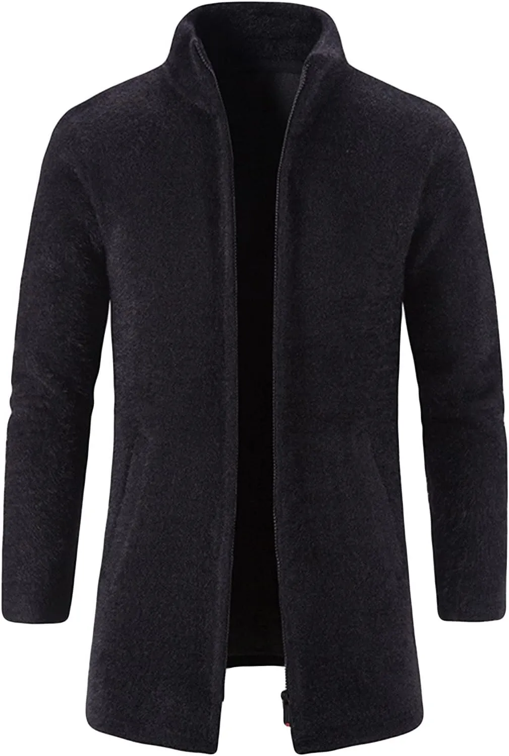 JEsilunmaMY Mens Stand Collar Zipper Warm Cardigan Long Sleeve Fall Winter Open Front Overcoat Solid Color Fleece Trench Coat