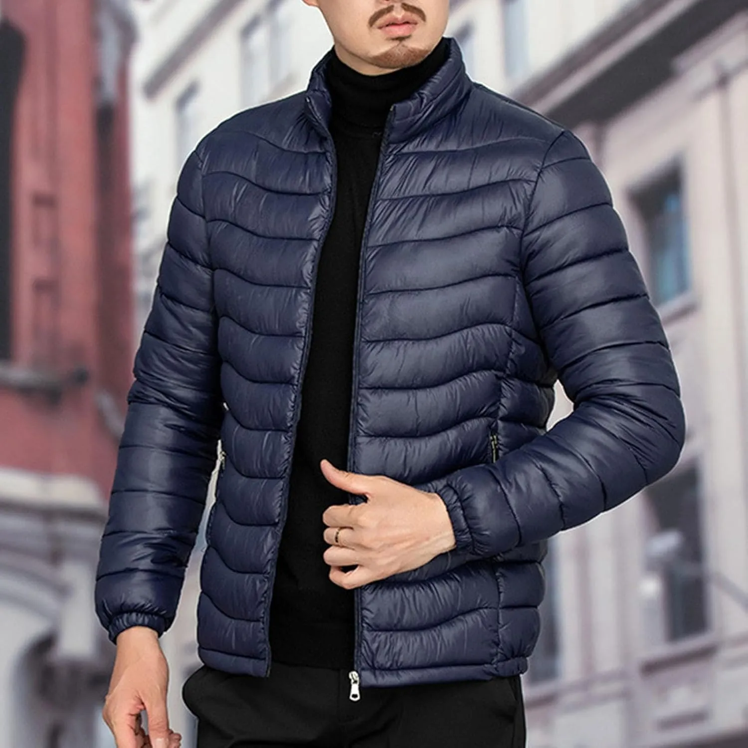 JEsilunmaMY Men's Warm Cropped Down Jacket Lightweight Stand Collar Packable Puffer Jacket Fall Winter Padded Cotton Coat