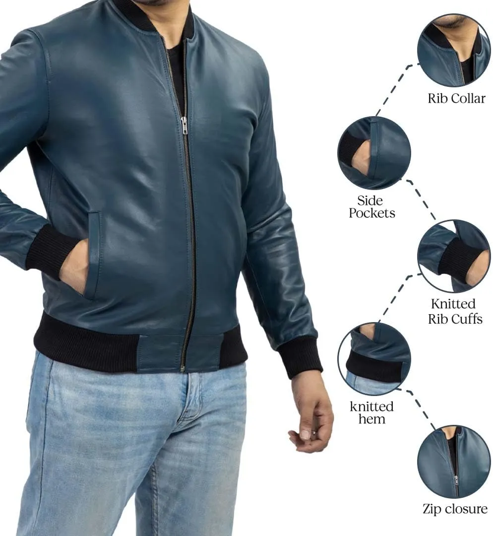 Jild Varsity Style Leather Bomber Jacket Men - Genuine Lambskin Men's Casual Fashion Classic MA-1 Leather Jacket