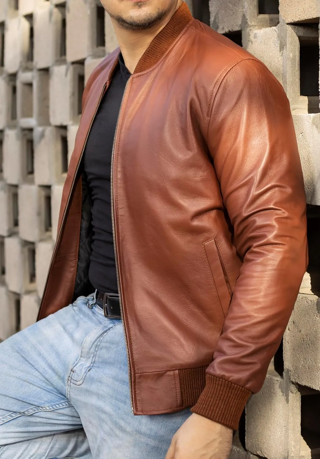 Jild Varsity Style Leather Bomber Jacket Men - Genuine Lambskin Men's Casual Fashion Classic MA-1 Leather Jacket