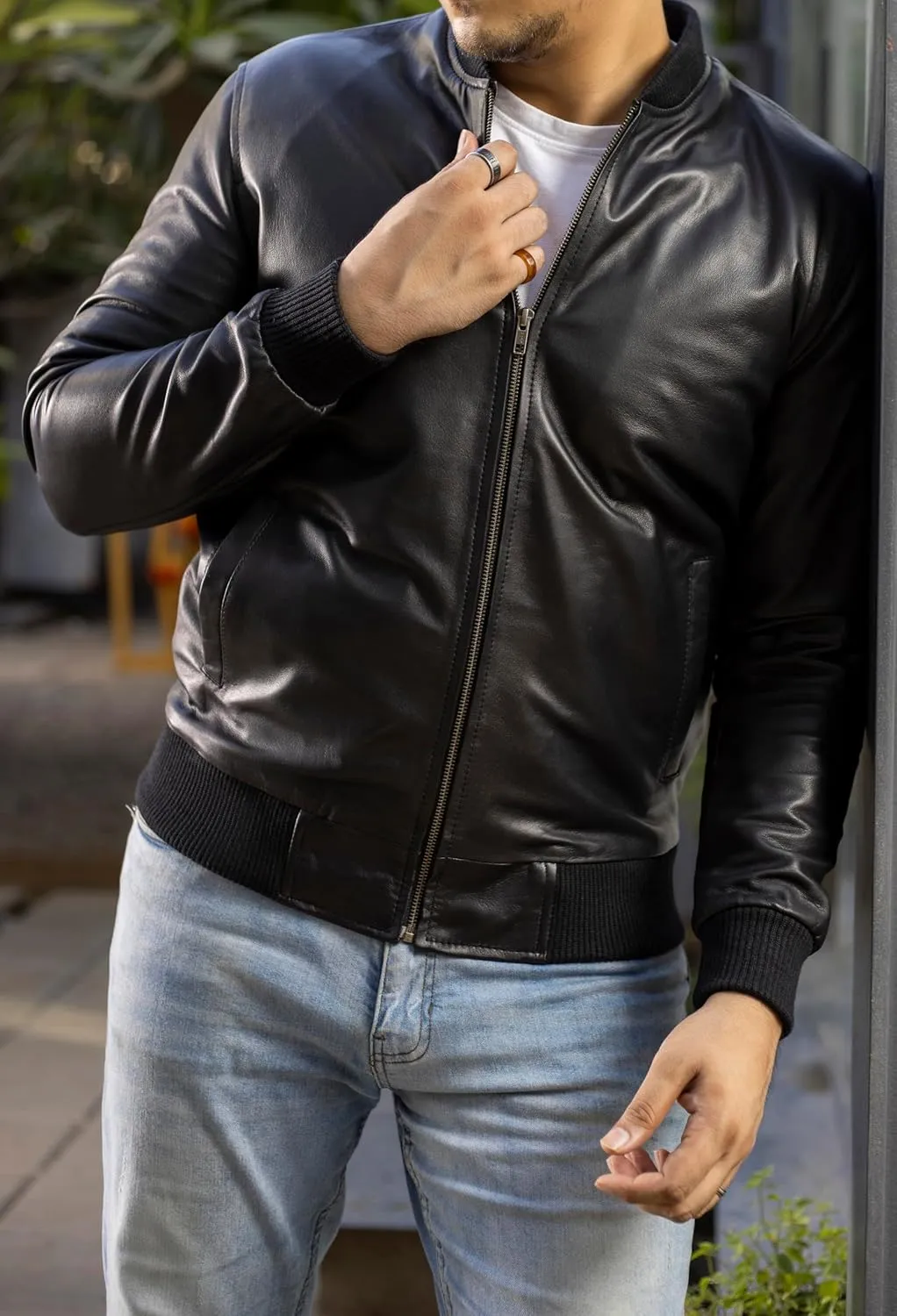 Jild Varsity Style Leather Bomber Jacket Men - Genuine Lambskin Men's Casual Fashion Classic MA-1 Leather Jacket