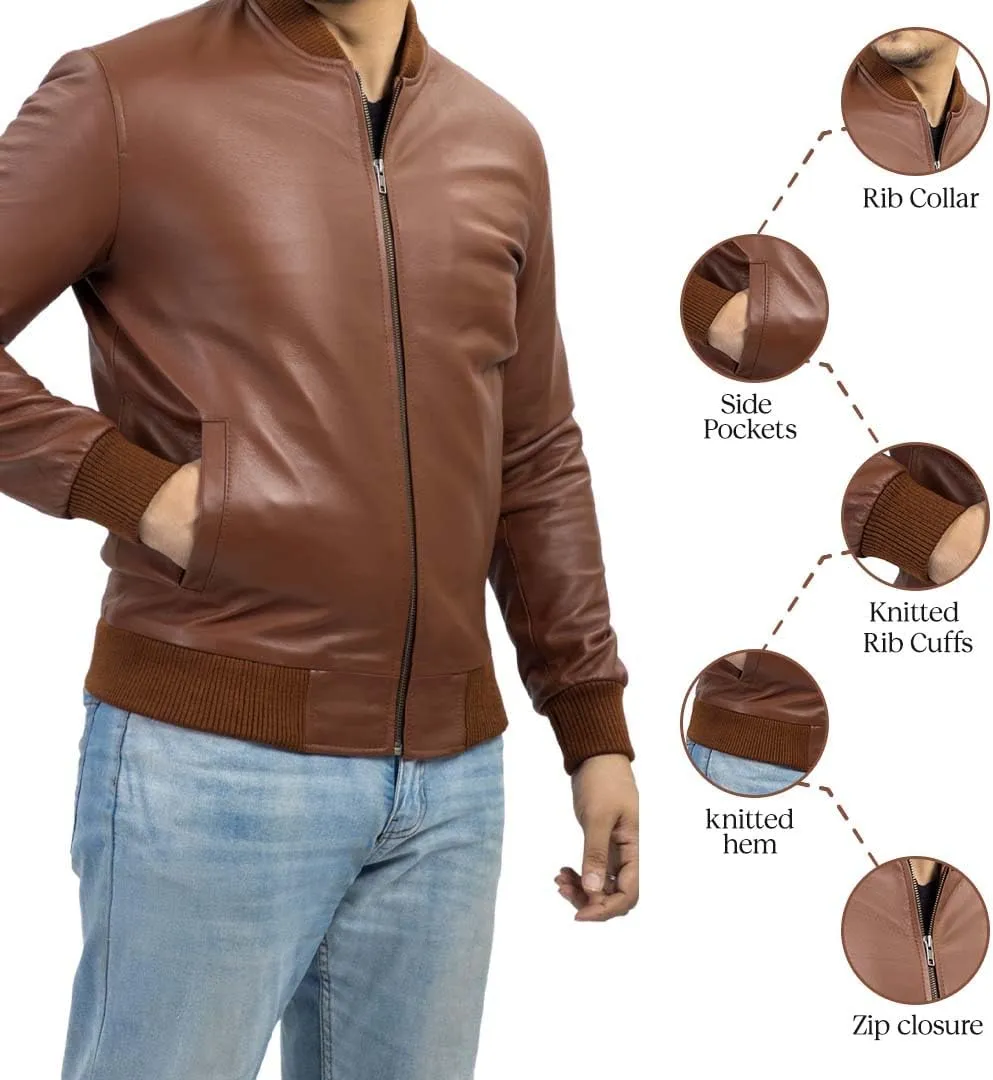 Jild Varsity Style Leather Bomber Jacket Men - Genuine Lambskin Men's Casual Fashion Classic MA-1 Leather Jacket