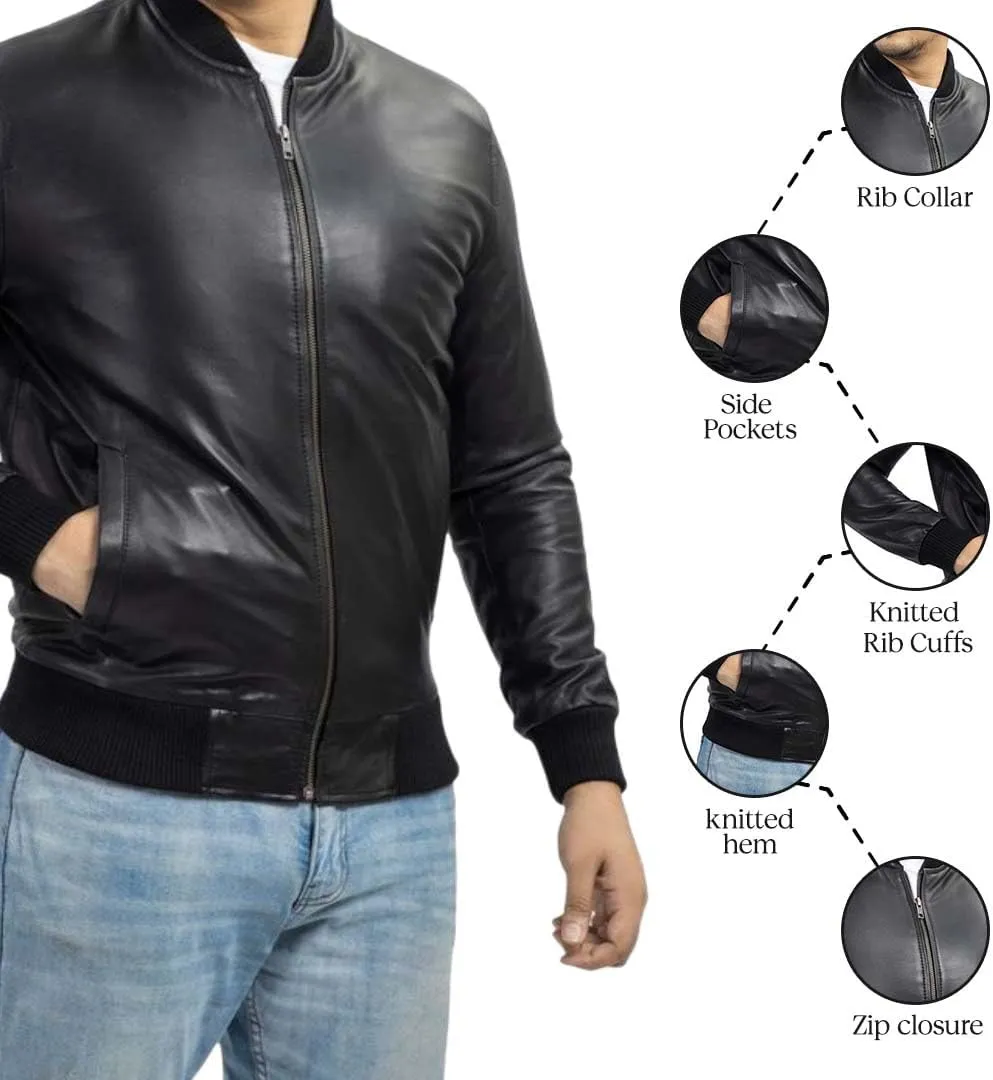 Jild Varsity Style Leather Bomber Jacket Men - Genuine Lambskin Men's Casual Fashion Classic MA-1 Leather Jacket