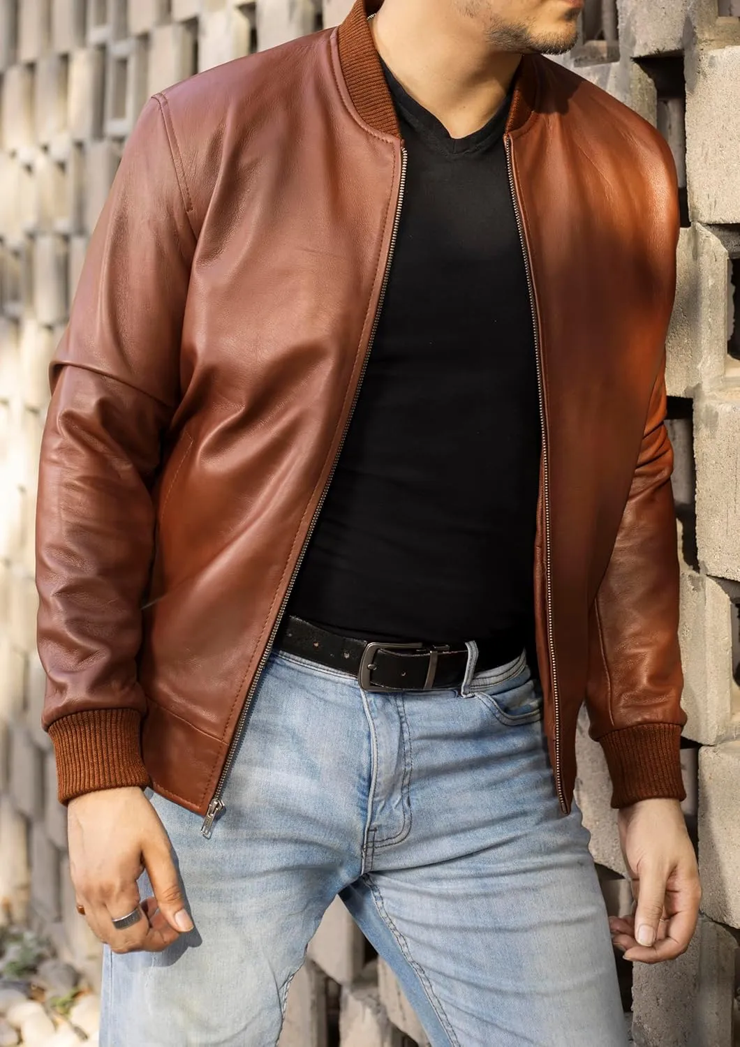 Jild Varsity Style Leather Bomber Jacket Men - Genuine Lambskin Men's Casual Fashion Classic MA-1 Leather Jacket