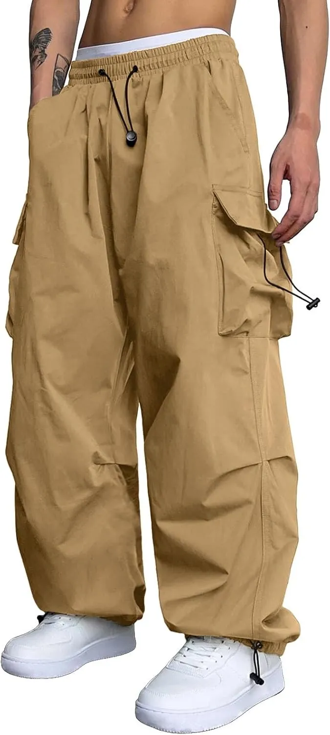Joggers Men Loosening Waist Solid Color Pocket Trousers Loose Sports Trousers Linen Nylon Track Pants
