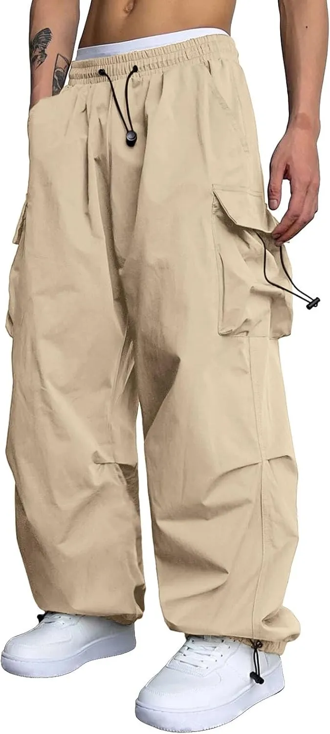 Joggers Men Loosening Waist Solid Color Pocket Trousers Loose Sports Trousers Linen Nylon Track Pants
