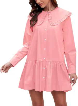 Kedera Women Shirt Mini Dress Button Down Ruffle Dress Long Sleeves Shift Dresses Peter Pan Collar Dresses