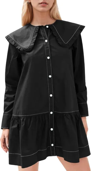 Kedera Women Shirt Mini Dress Button Down Ruffle Dress Long Sleeves Shift Dresses Peter Pan Collar Dresses