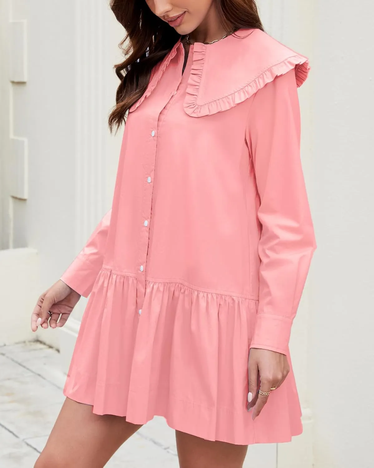 Kedera Women Shirt Mini Dress Button Down Ruffle Dress Long Sleeves Shift Dresses Peter Pan Collar Dresses