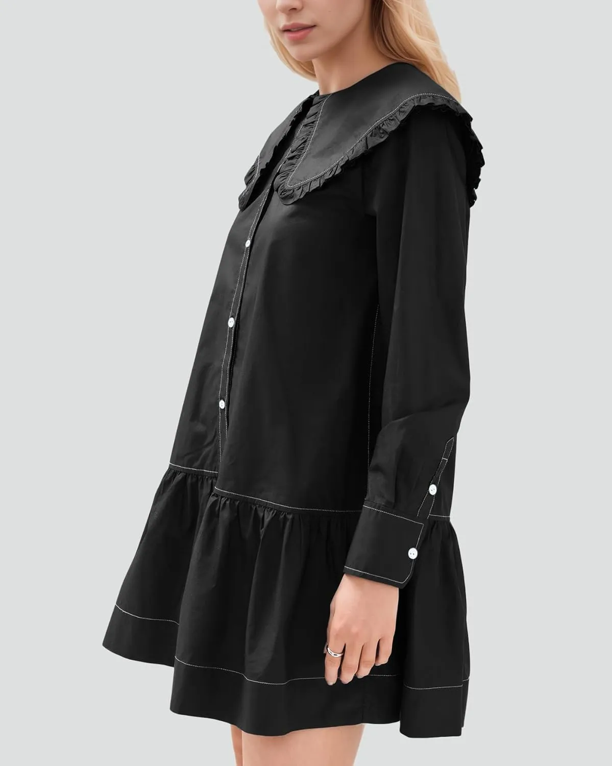 Kedera Women Shirt Mini Dress Button Down Ruffle Dress Long Sleeves Shift Dresses Peter Pan Collar Dresses