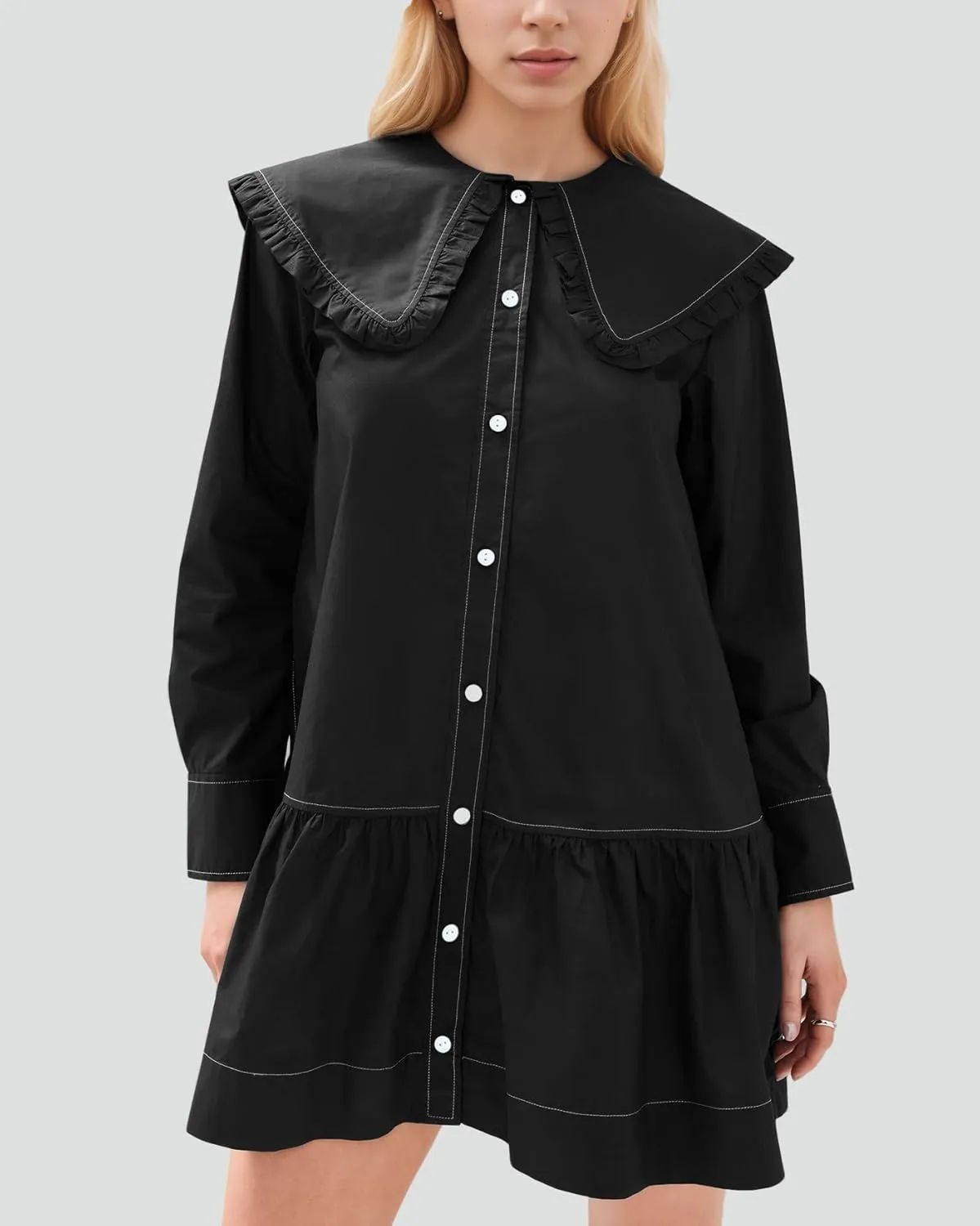 Kedera Women Shirt Mini Dress Button Down Ruffle Dress Long Sleeves Shift Dresses Peter Pan Collar Dresses