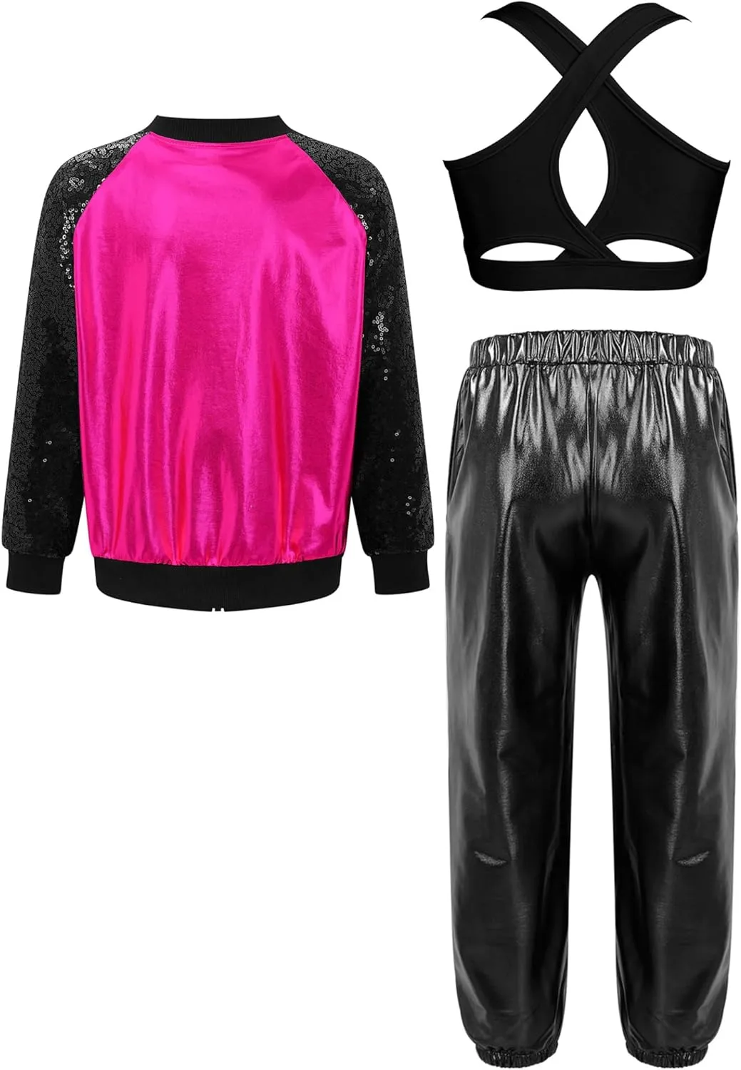 Kids Girls Fashion Metallic Jackets Coats Outfits U Neck Cross Crop Tops with Shiny Pants for Stage Performance