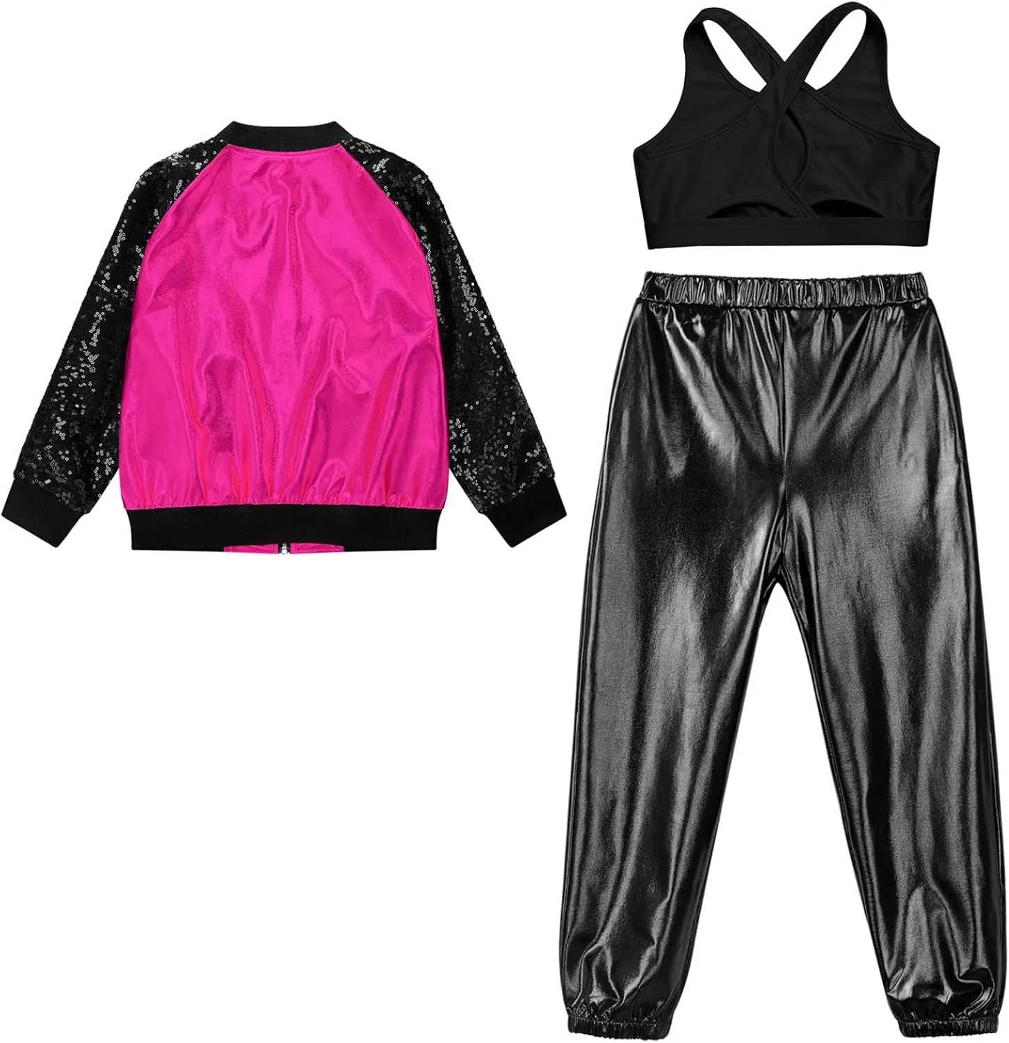 Kids Girls Fashion Metallic Jackets Coats Outfits U Neck Cross Crop Tops with Shiny Pants for Stage Performance