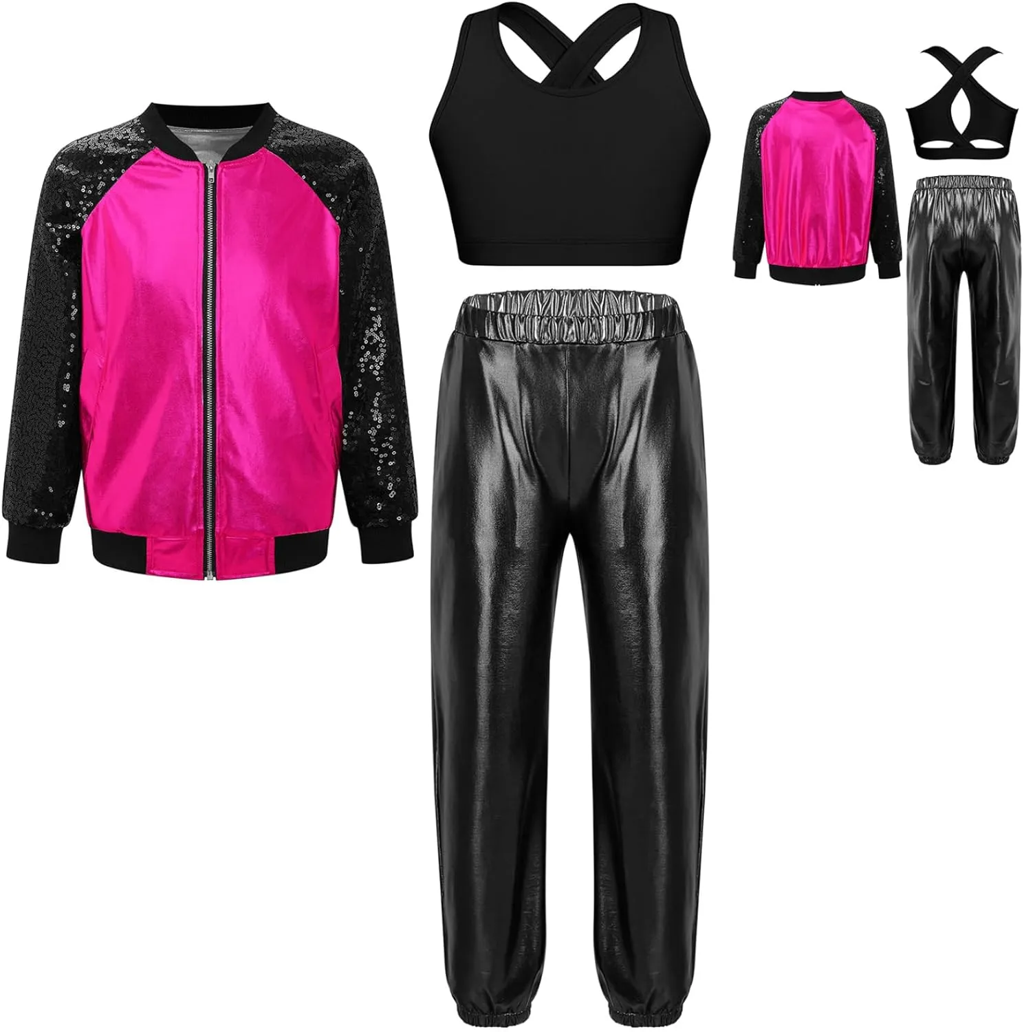 Kids Girls Fashion Metallic Jackets Coats Outfits U Neck Cross Crop Tops with Shiny Pants for Stage Performance