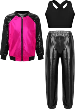 Kids Girls Fashion Metallic Jackets Coats Outfits U Neck Cross Crop Tops with Shiny Pants for Stage Performance