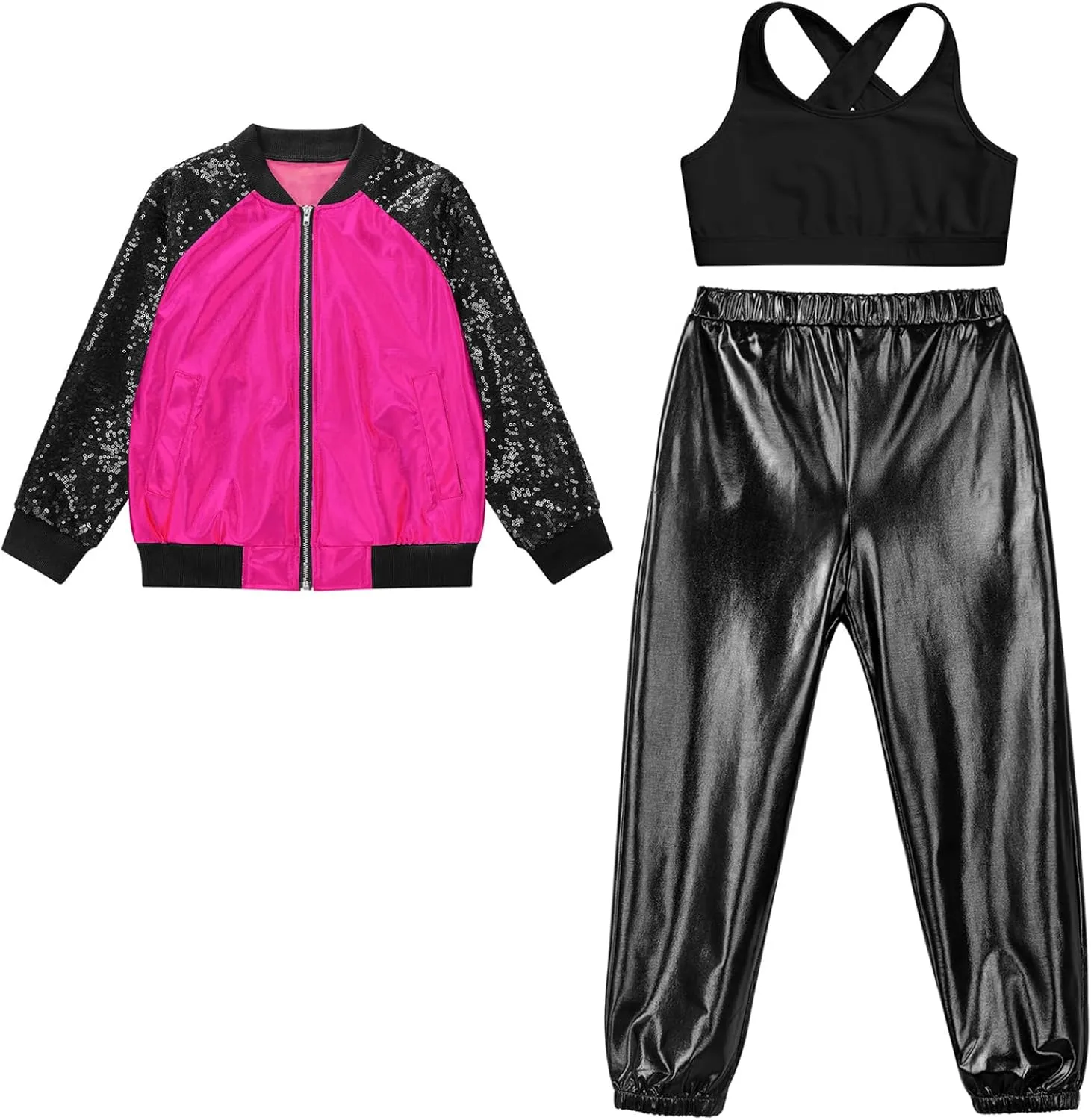 Kids Girls Fashion Metallic Jackets Coats Outfits U Neck Cross Crop Tops with Shiny Pants for Stage Performance