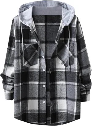 Kingspinner Mens Plaid Shirt Long Sleeves Classic Hooded Shirt Button Down Shirts Jacket Tops Hoodie Jackets