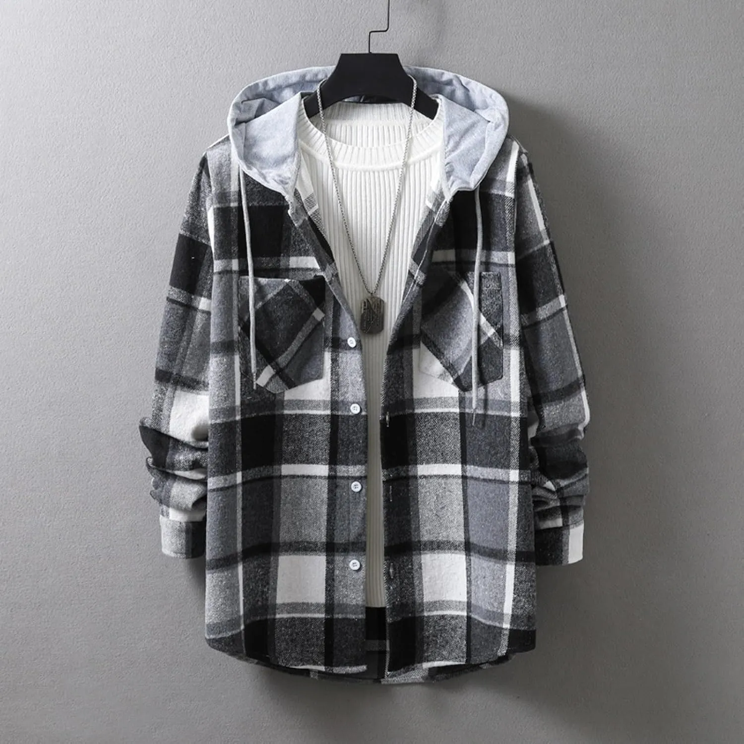 Kingspinner Mens Plaid Shirt Long Sleeves Classic Hooded Shirt Button Down Shirts Jacket Tops Hoodie Jackets