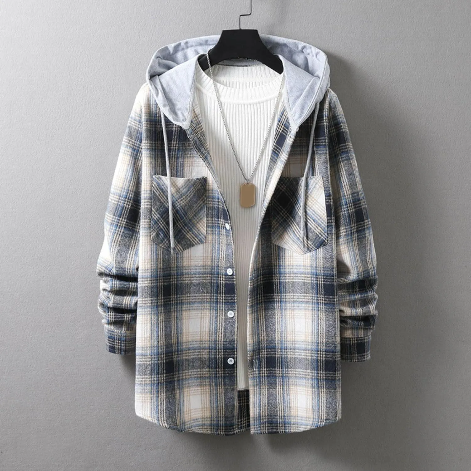 Kingspinner Mens Plaid Shirt Long Sleeves Classic Hooded Shirt Button Down Shirts Jacket Tops Hoodie Jackets
