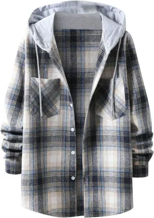 Kingspinner Mens Plaid Shirt Long Sleeves Classic Hooded Shirt Button Down Shirts Jacket Tops Hoodie Jackets