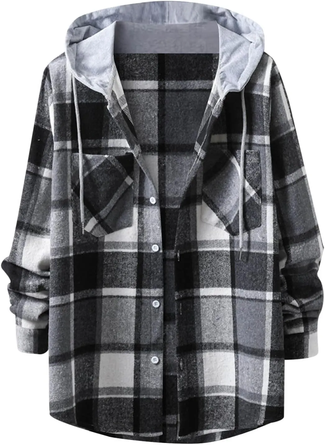 Kingspinner Mens Plaid Shirt Long Sleeves Classic Hooded Shirt Button Down Shirts Jacket Tops Hoodie Jackets