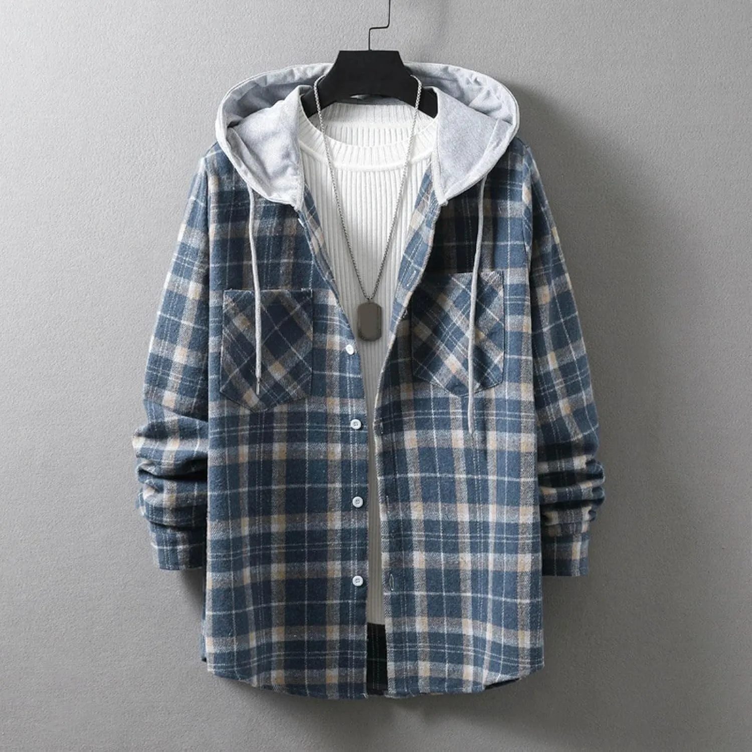 Kingspinner Mens Plaid Shirt Long Sleeves Classic Hooded Shirt Button Down Shirts Jacket Tops Hoodie Jackets