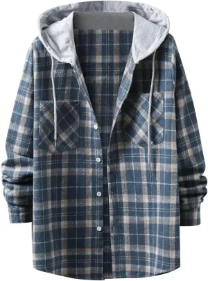 Kingspinner Mens Plaid Shirt Long Sleeves Classic Hooded Shirt Button Down Shirts Jacket Tops Hoodie Jackets