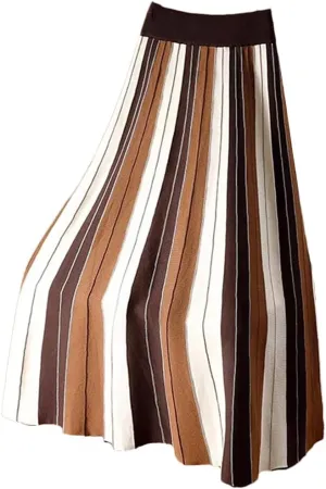 Knitted Long Skirt for Women Fall Winter Contrast Striped A Line High Waist Pleated Midi Skirt