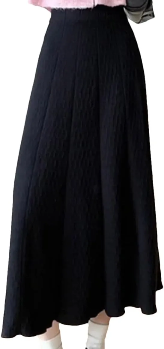 Knitted Long Skirt Women Autumn Winter Pleated High Waist Skirts A-Line Skirt Lady Slim Midi Skirt