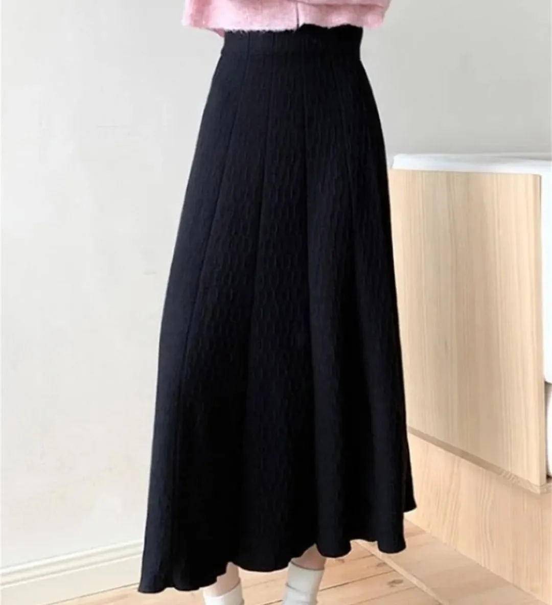 Knitted Long Skirt Women Autumn Winter Pleated High Waist Skirts A-Line Skirt Lady Slim Midi Skirt