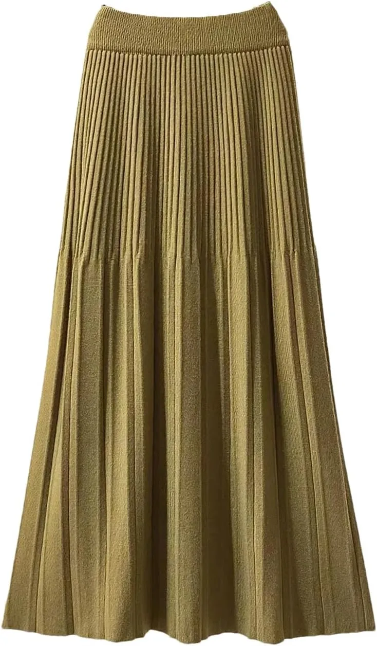 Knitted Pleated Skirt for Women Autumn Winter Thick Warm Casual A Line High Waist Midi Long Skirt