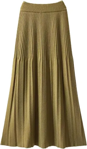 Knitted Pleated Skirt for Women Autumn Winter Thick Warm Casual A Line High Waist Midi Long Skirt
