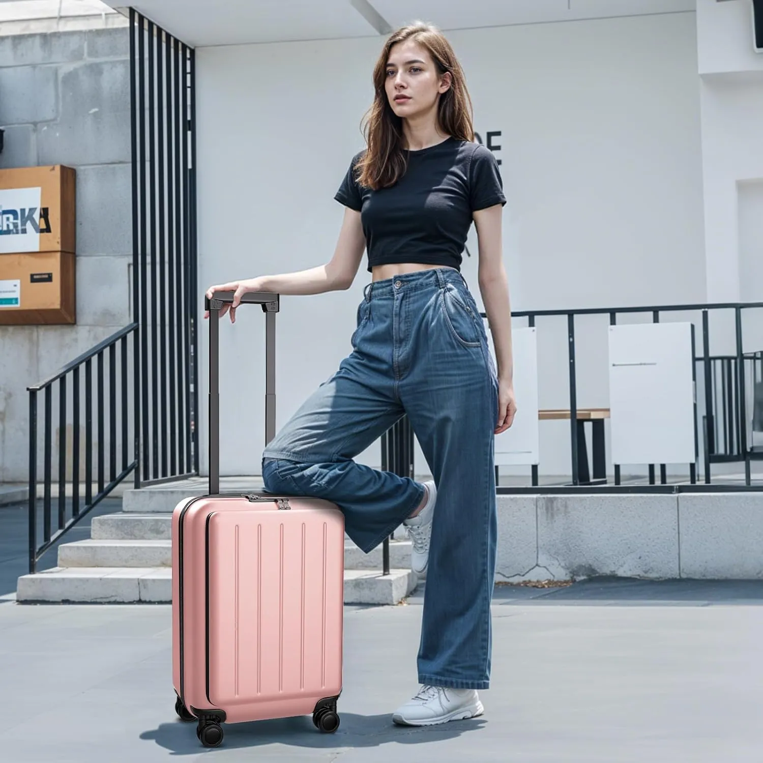 Krute Carry On Luggage 20 Inch Airline Approved Suitcases Lightweight Front Open Pocket TSA Lock Luggage Hard Shell Suitcase with Wheels