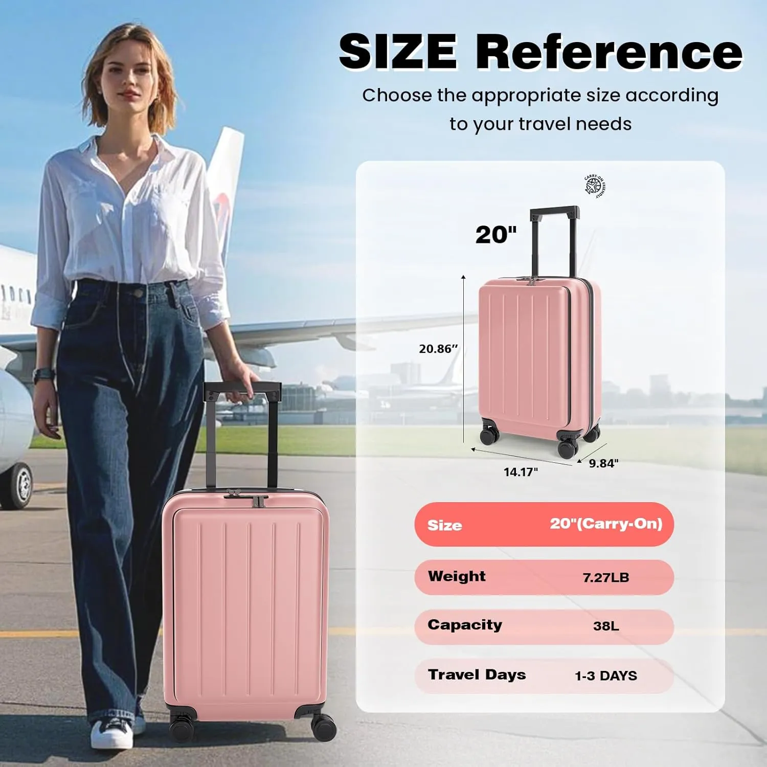 Krute Carry On Luggage 20 Inch Airline Approved Suitcases Lightweight Front Open Pocket TSA Lock Luggage Hard Shell Suitcase with Wheels