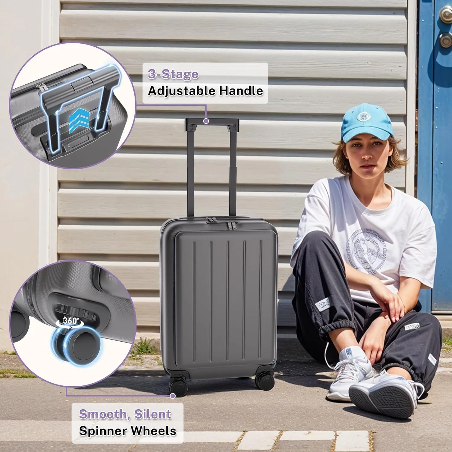 Krute Carry On Luggage 20 Inch Airline Approved Suitcases Lightweight Front Open Pocket TSA Lock Luggage Hard Shell Suitcase with Wheels