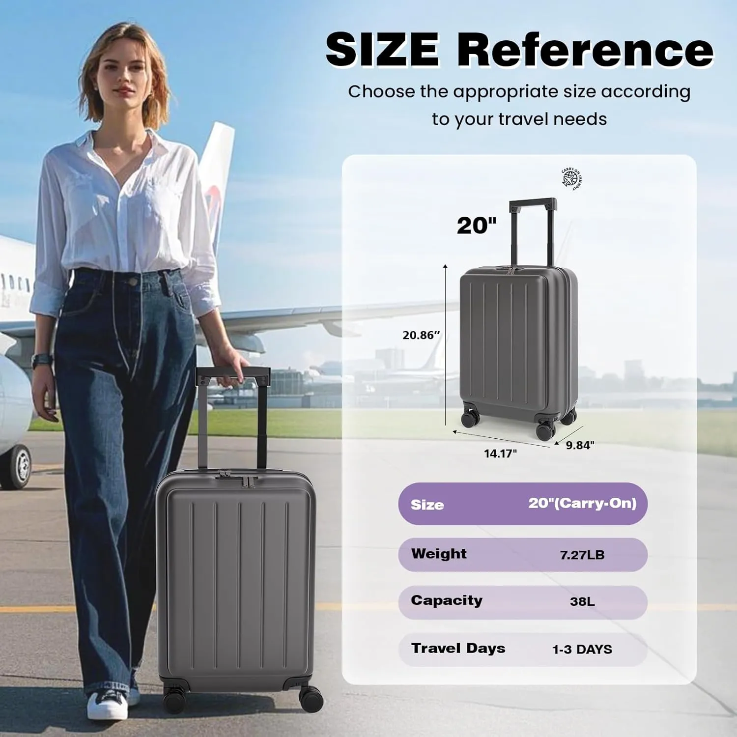 Krute Carry On Luggage 20 Inch Airline Approved Suitcases Lightweight Front Open Pocket TSA Lock Luggage Hard Shell Suitcase with Wheels