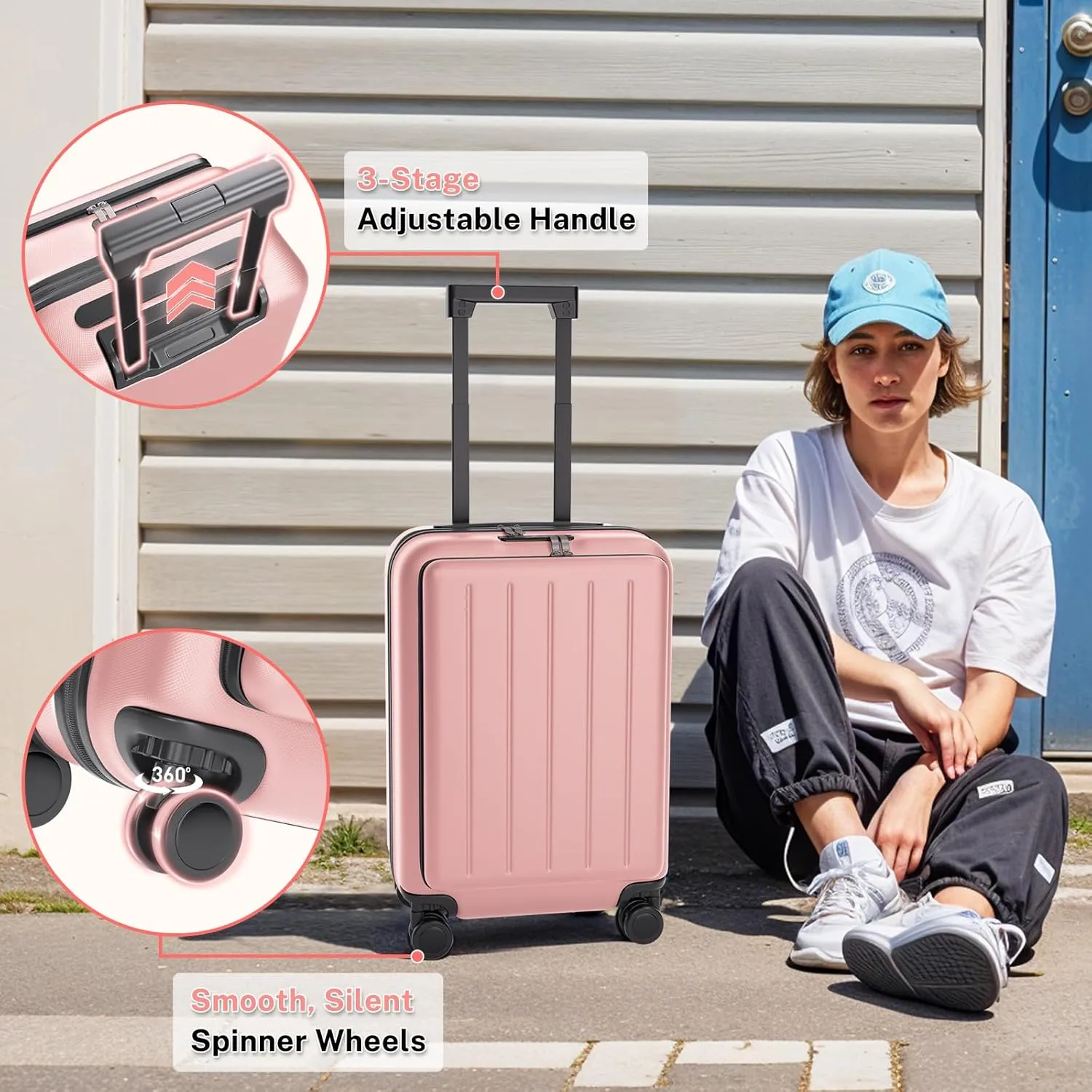 Krute Carry On Luggage 20 Inch Airline Approved Suitcases Lightweight Front Open Pocket TSA Lock Luggage Hard Shell Suitcase with Wheels