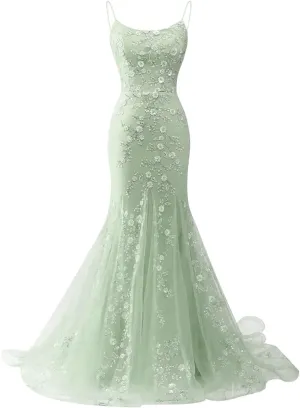 Lace Applique Prom Dresses 2025 Sparkly Mermaid Spaghetti Straps Long Evening Gowns for Women Formal