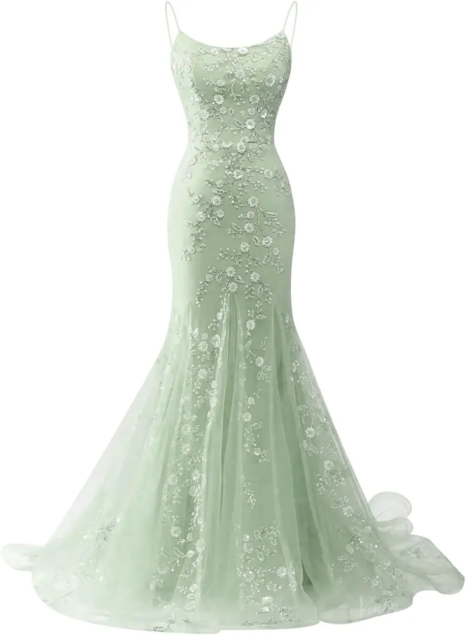 Lace Applique Prom Dresses 2025 Sparkly Mermaid Spaghetti Straps Long Evening Gowns for Women Formal
