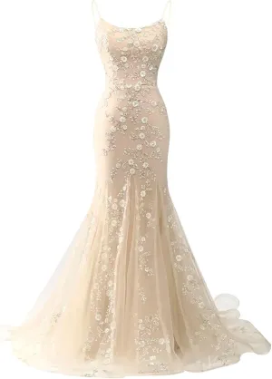 Lace Applique Prom Dresses 2025 Sparkly Mermaid Spaghetti Straps Long Evening Gowns for Women Formal