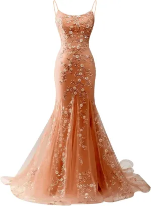 Lace Applique Prom Dresses 2025 Sparkly Mermaid Spaghetti Straps Long Evening Gowns for Women Formal