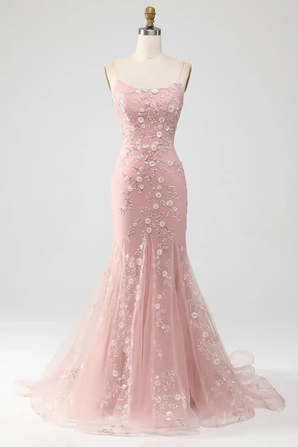 Lace Applique Prom Dresses 2025 Sparkly Mermaid Spaghetti Straps Long Evening Gowns for Women Formal