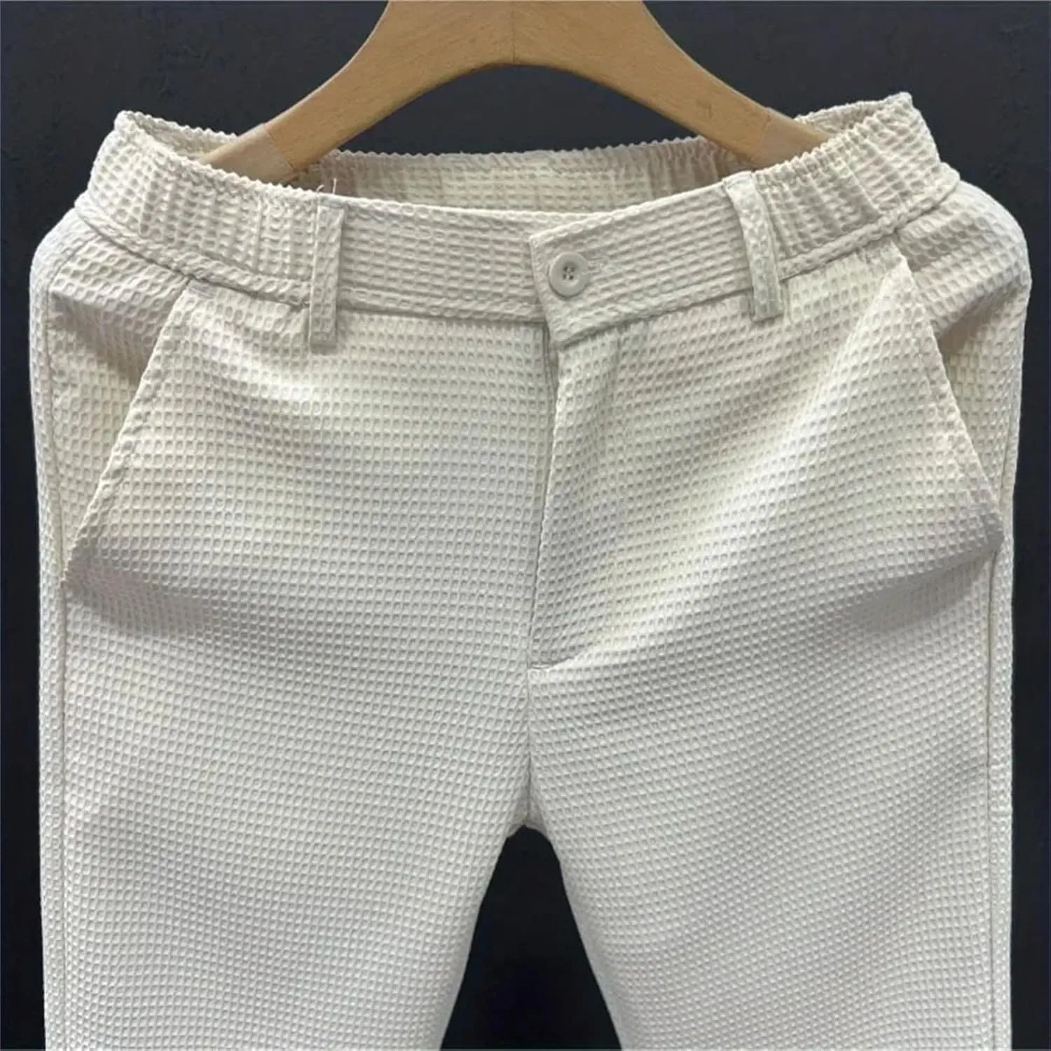 Leisure Summer Solid Zipper Pocket Men's High Waist Elastic Slim Fit Straight Nine Split Pants
