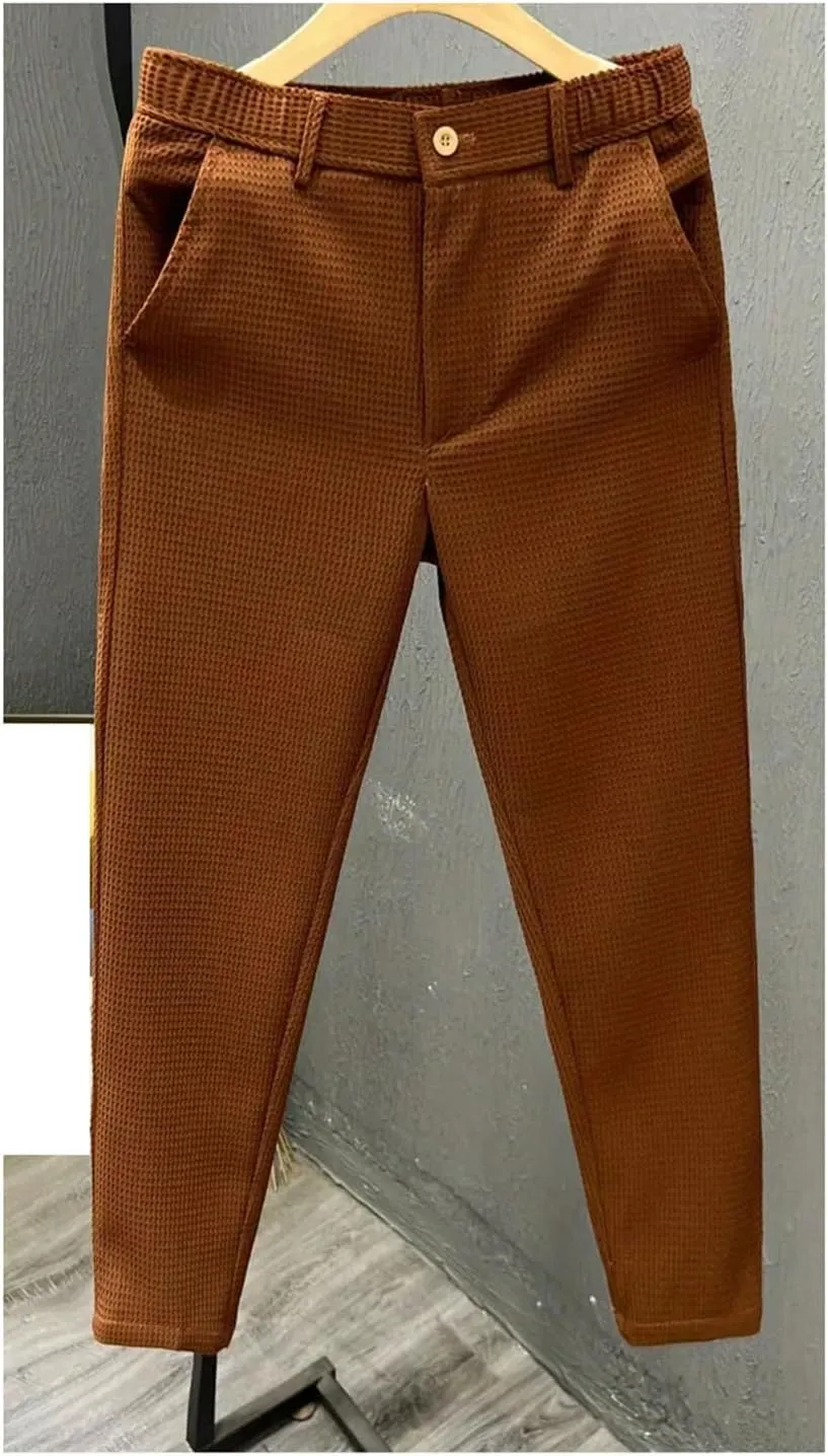 Leisure Summer Solid Zipper Pocket Men's High Waist Elastic Slim Fit Straight Nine Split Pants