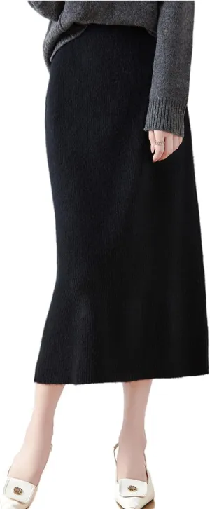 Length Skirt Women Autumn Winter 100% Merino Wool Knit Long Skirt Ribbed Elastic Warm Sweater Skirt